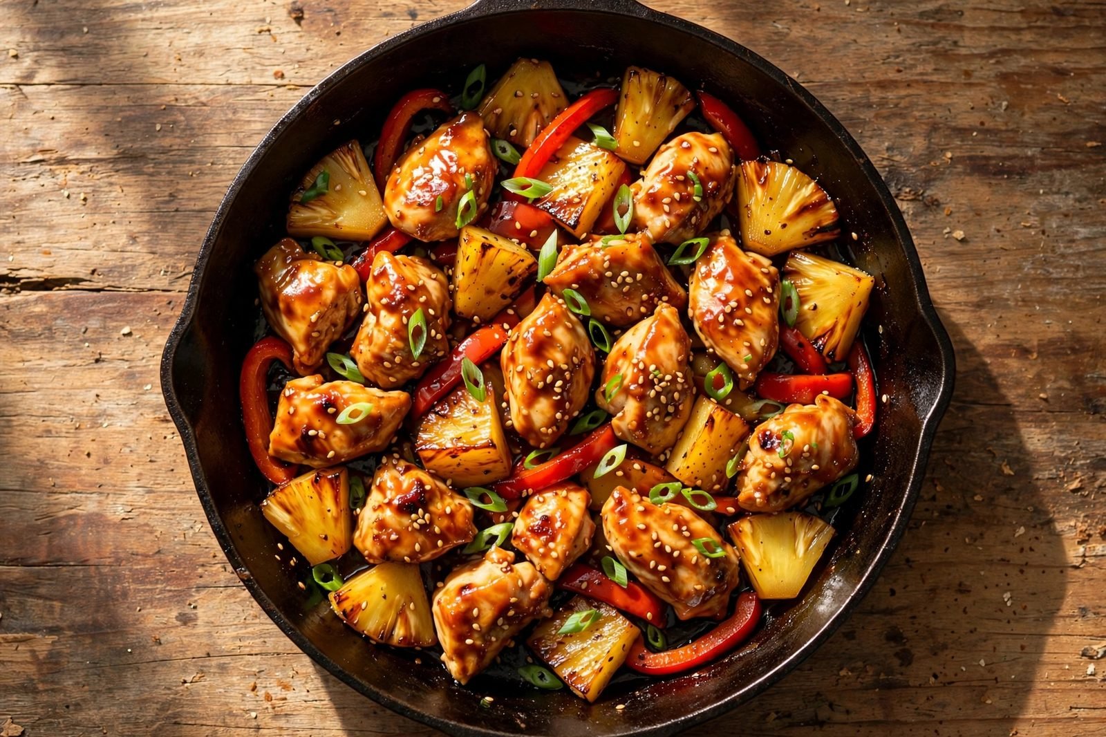 Overhead of a finished skillet of teriyaki chicken and caramelized pineapple with green onions and sesame seeds.