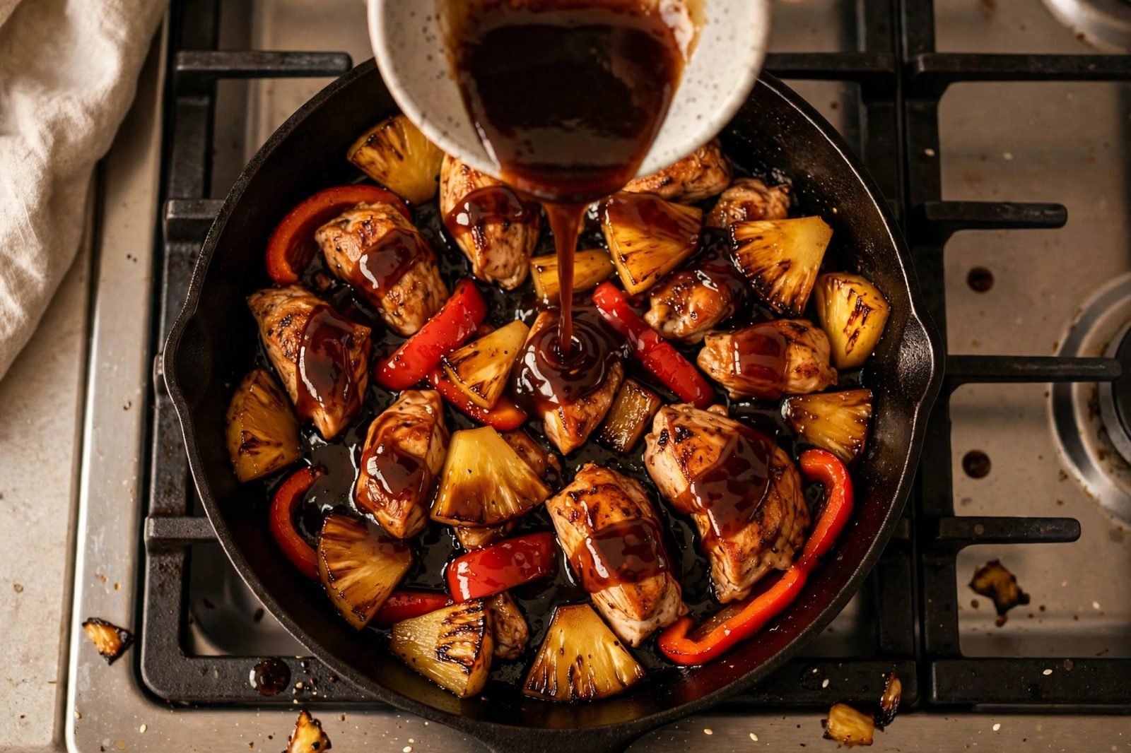 Teriyaki glaze being poured over chicken and pineapple in the skillet.