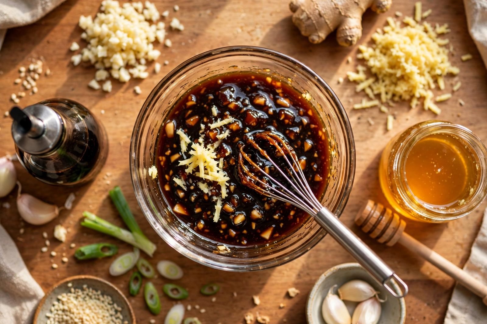 Homemade teriyaki glaze being whisked in a small bowl.