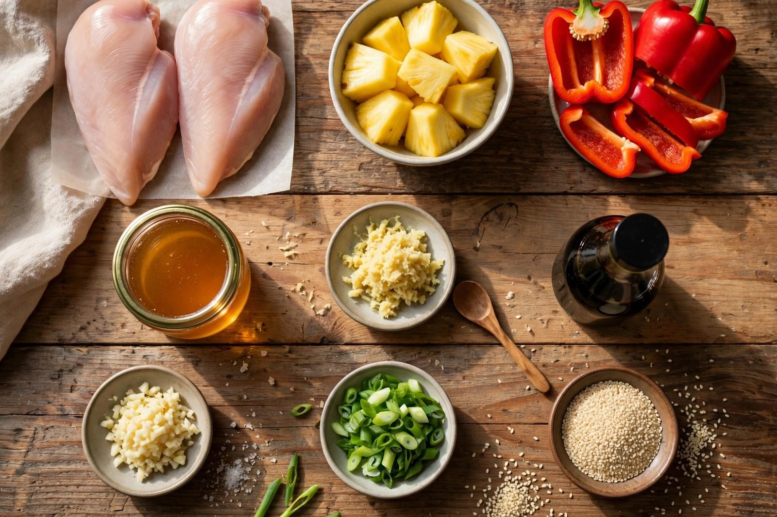 Ingredients for teriyaki chicken and pineapple: chicken breast, fresh pineapple chunks, bell pepper, soy sauce, honey, ginger, garlic, and rice vinegar.