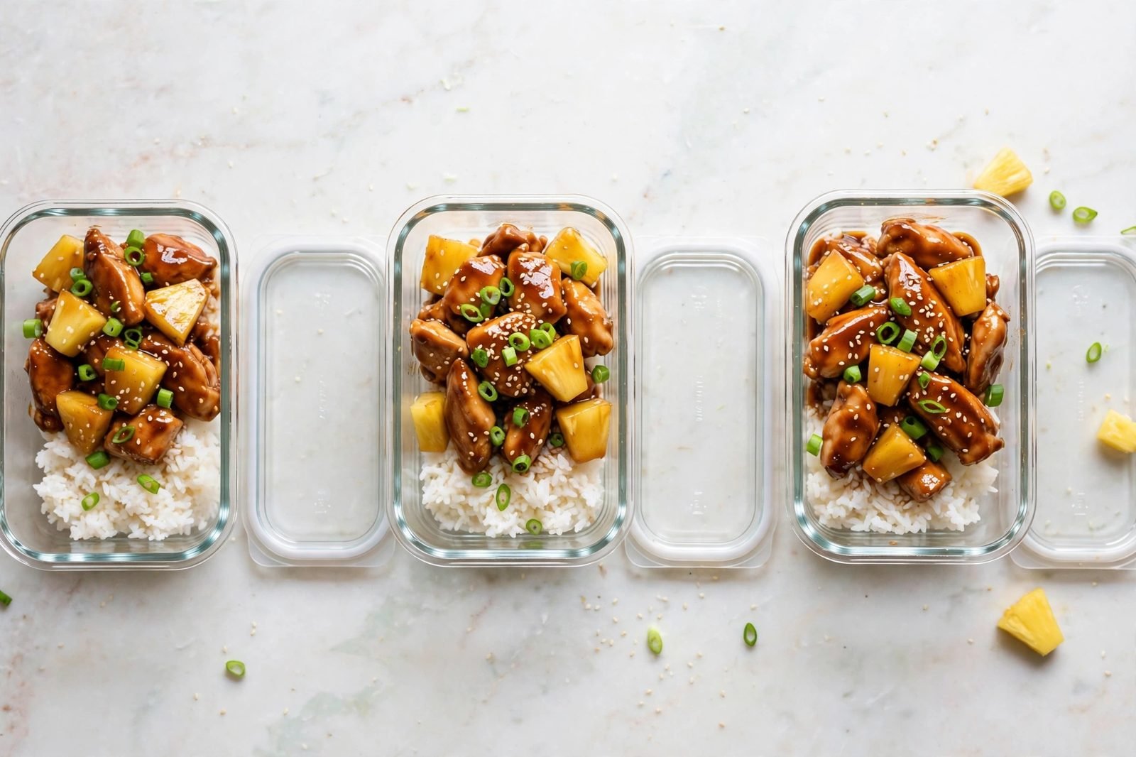 Meal-prep containers portioned with teriyaki chicken and pineapple over rice.