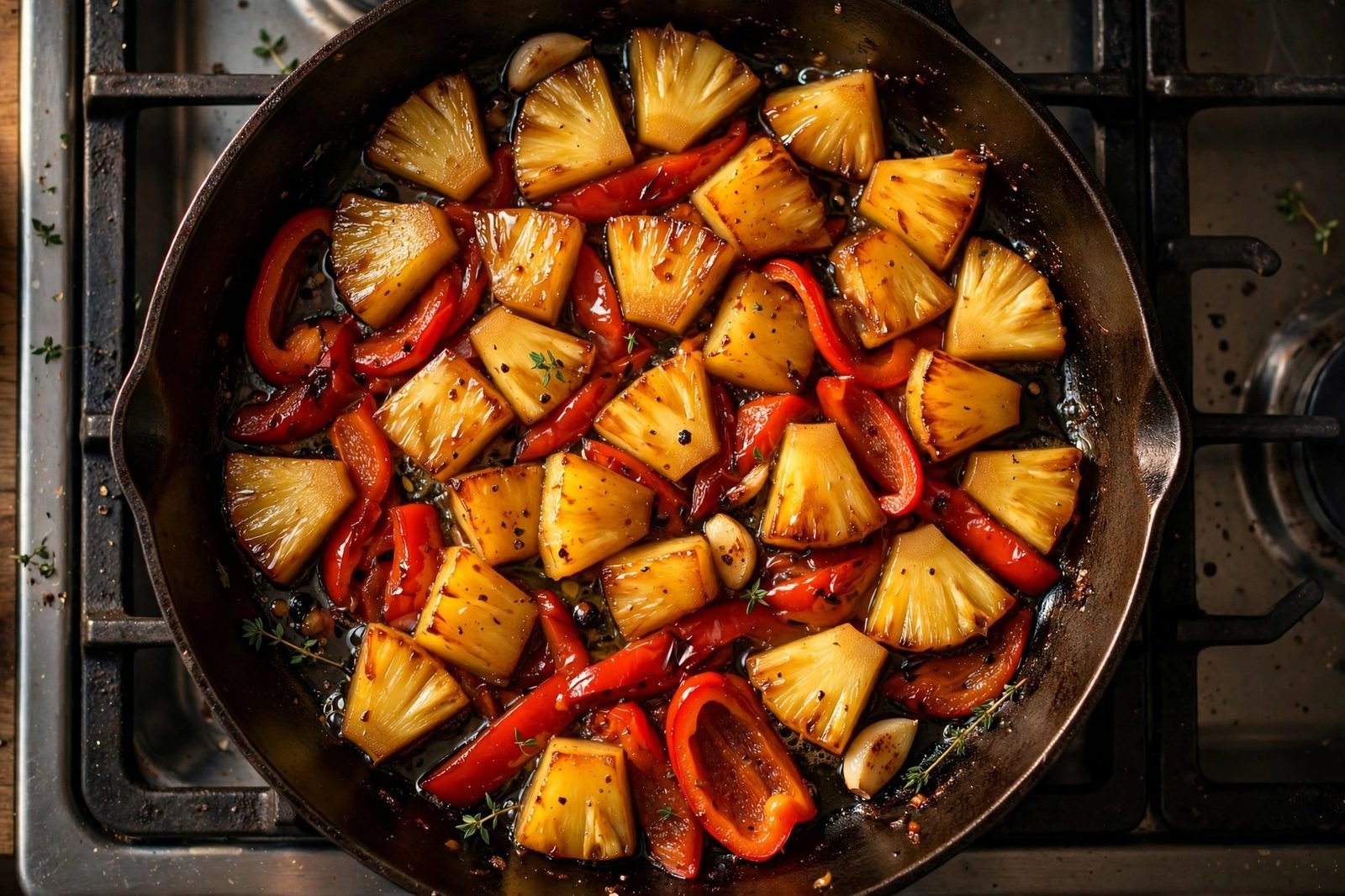 Sliced red bell pepper added to caramelized pineapple in the skillet.