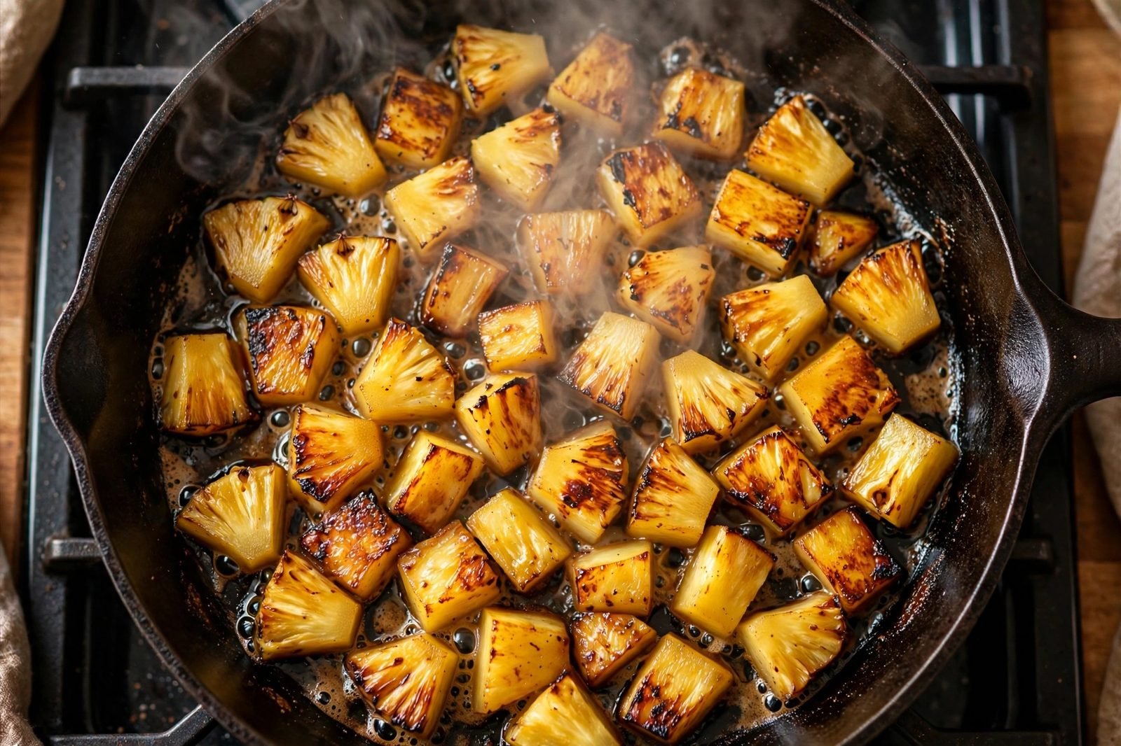 Pineapple chunks caramelizing with golden charred edges in a skillet.