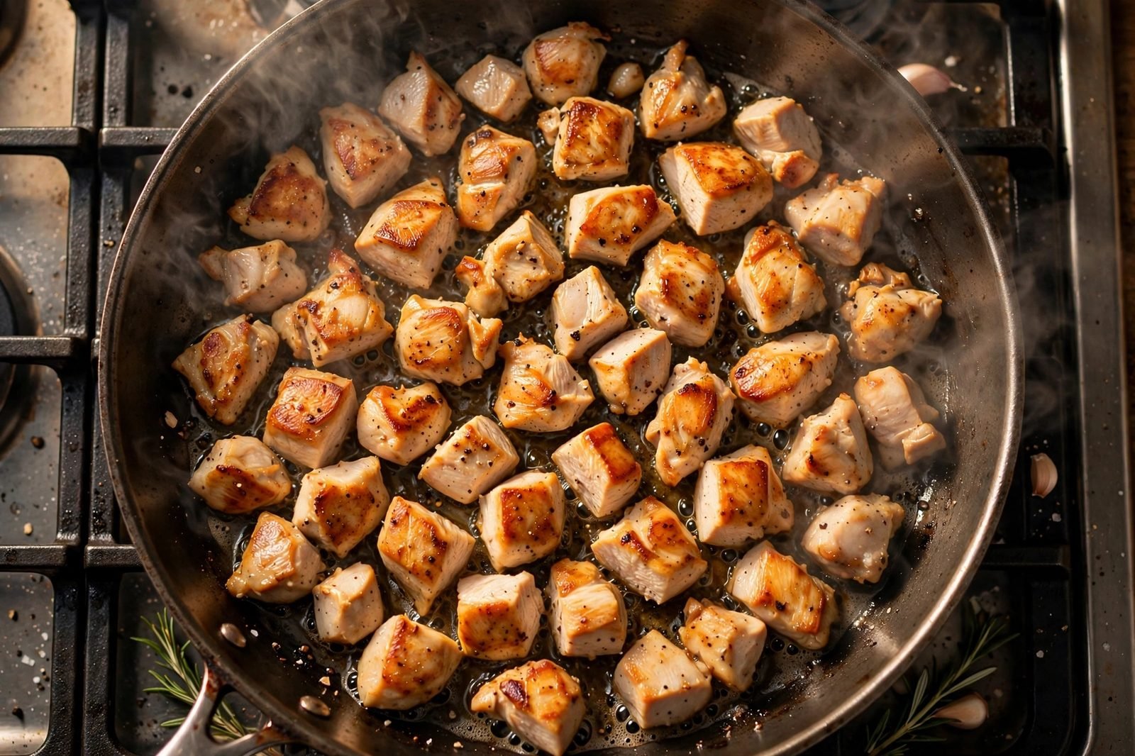 Chicken pieces searing golden in a large skillet.