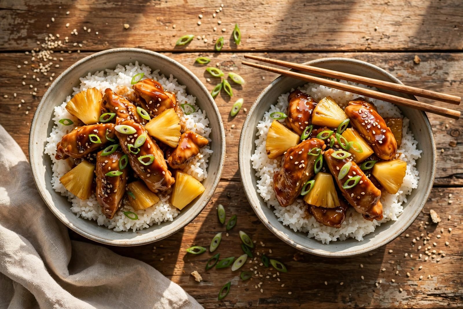 Served bowls of teriyaki chicken and pineapple over rice with green onions and sesame seeds.