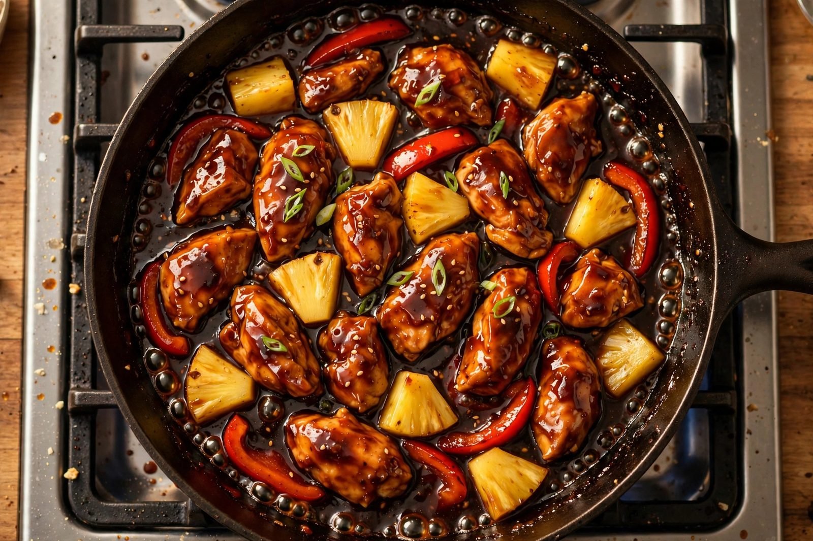 Teriyaki chicken and pineapple simmering in a thick, glossy sauce.