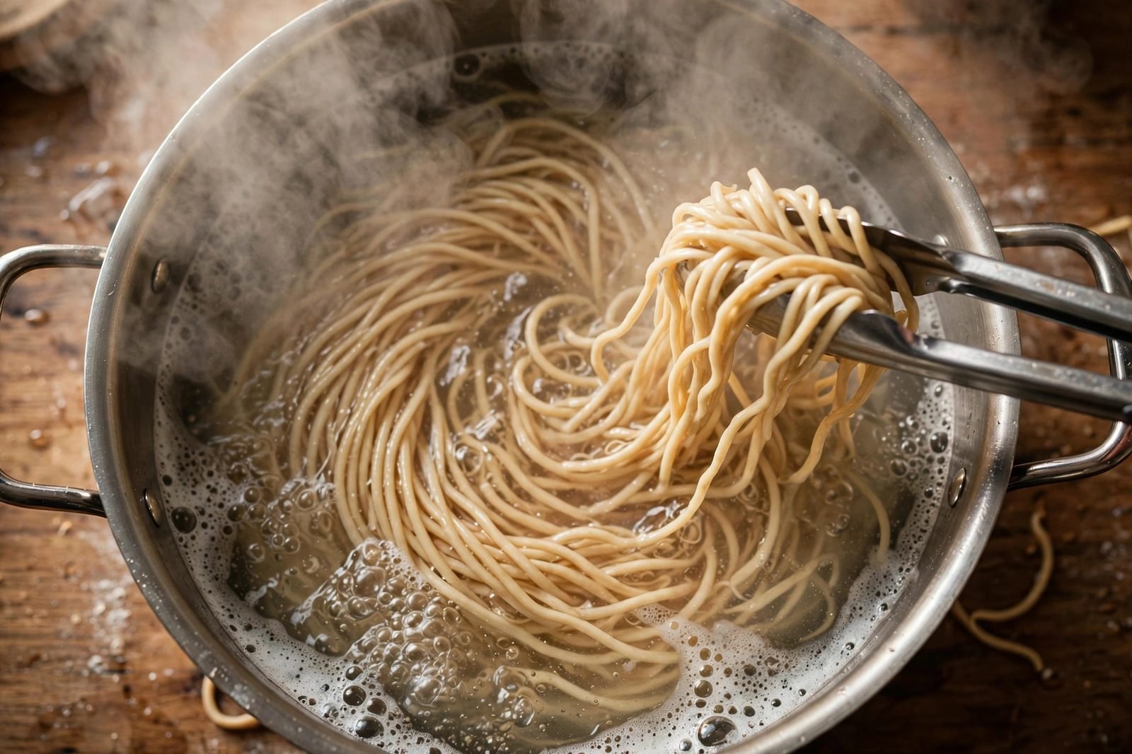 Wheat noodles boiling in a large pot of salted water.