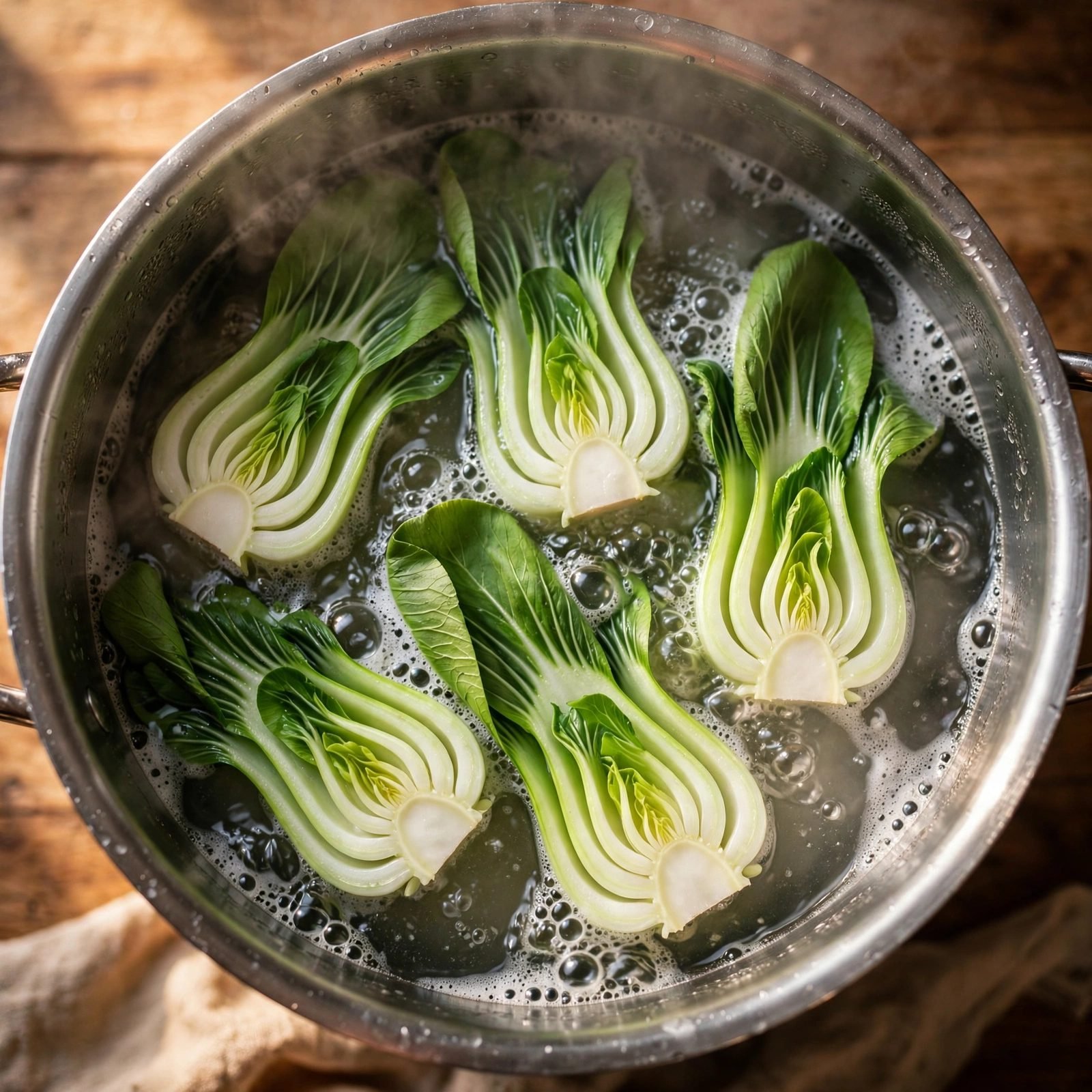 Baby bok choy halves blanching in the noodle pot.