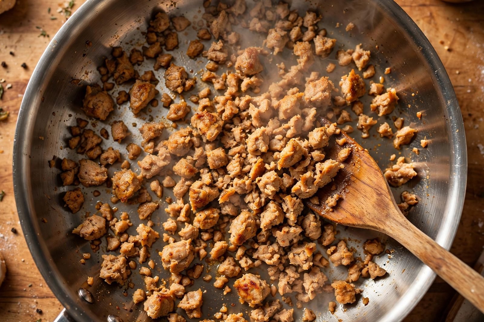 Ground turkey browning in small crumbles in a large skillet.