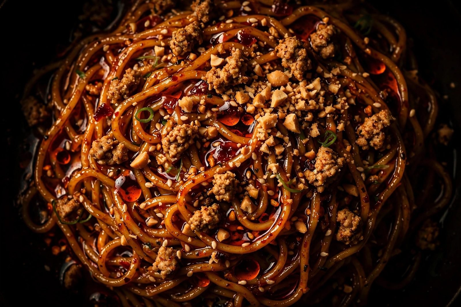 Close-up of glossy dan dan noodles coated in chili oil with sesame and peanuts.