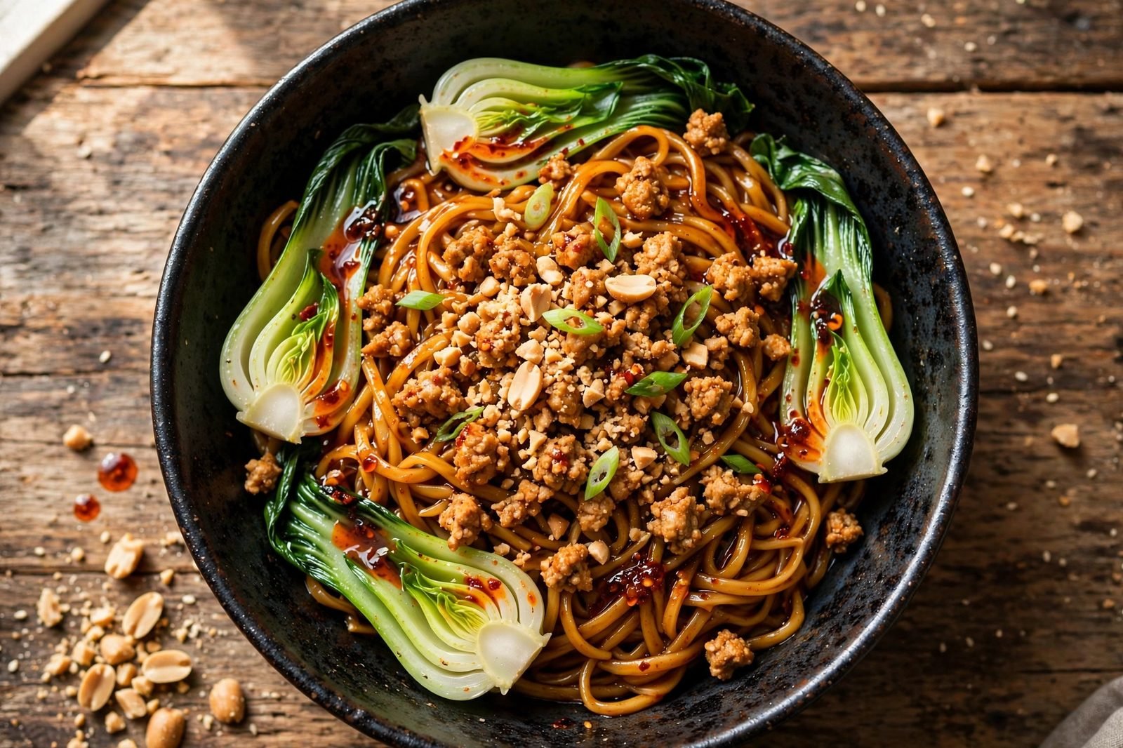Overhead of a bowl of dan dan noodles with seasoned turkey, bok choy, and a chili oil drizzle.