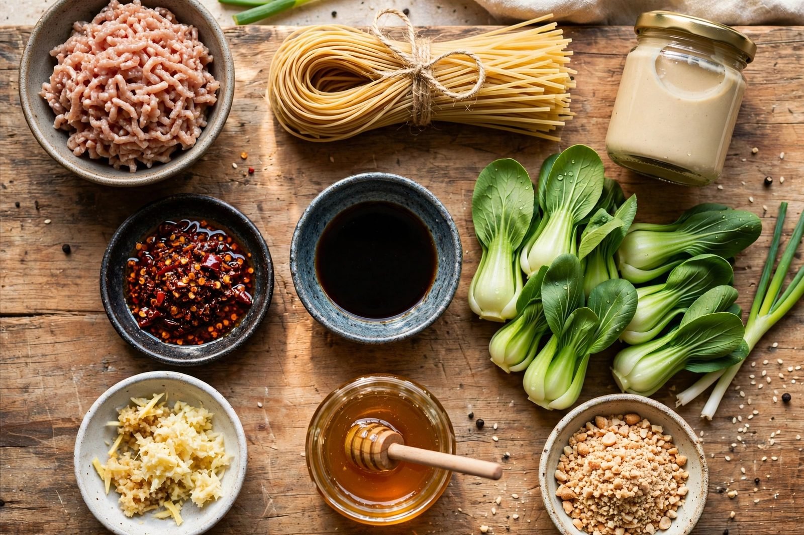 Ingredients for dan dan noodles: wheat noodles, ground turkey, baby bok choy, tahini, soy sauce, chili crisp, and peanuts.