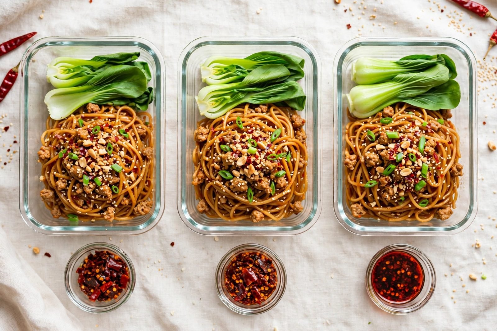 Meal-prep containers portioned with dan dan noodles.