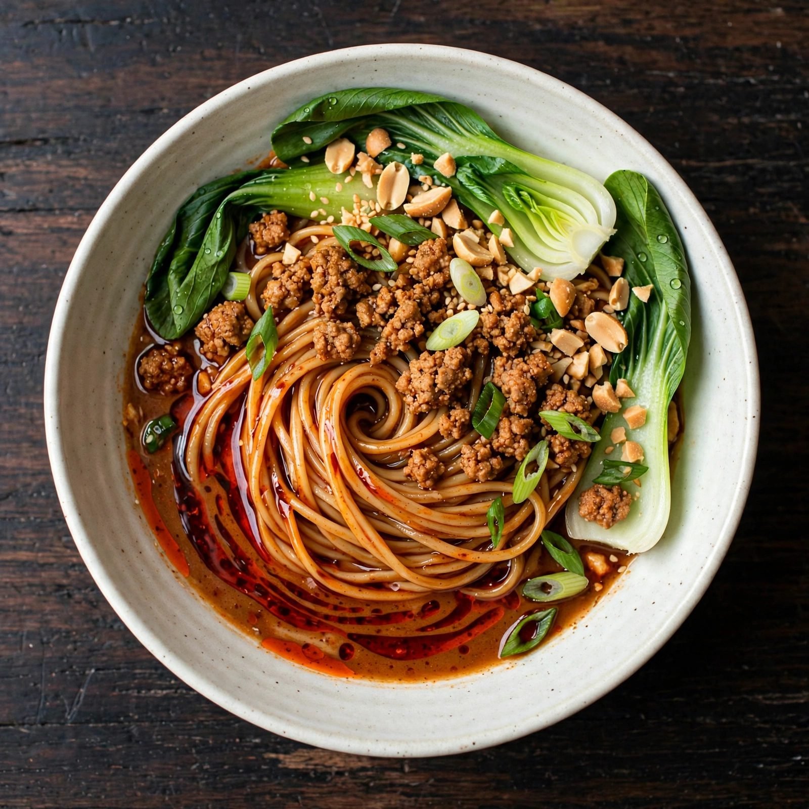 Overhead of a finished bowl of dan dan noodles with peanuts and scallions.