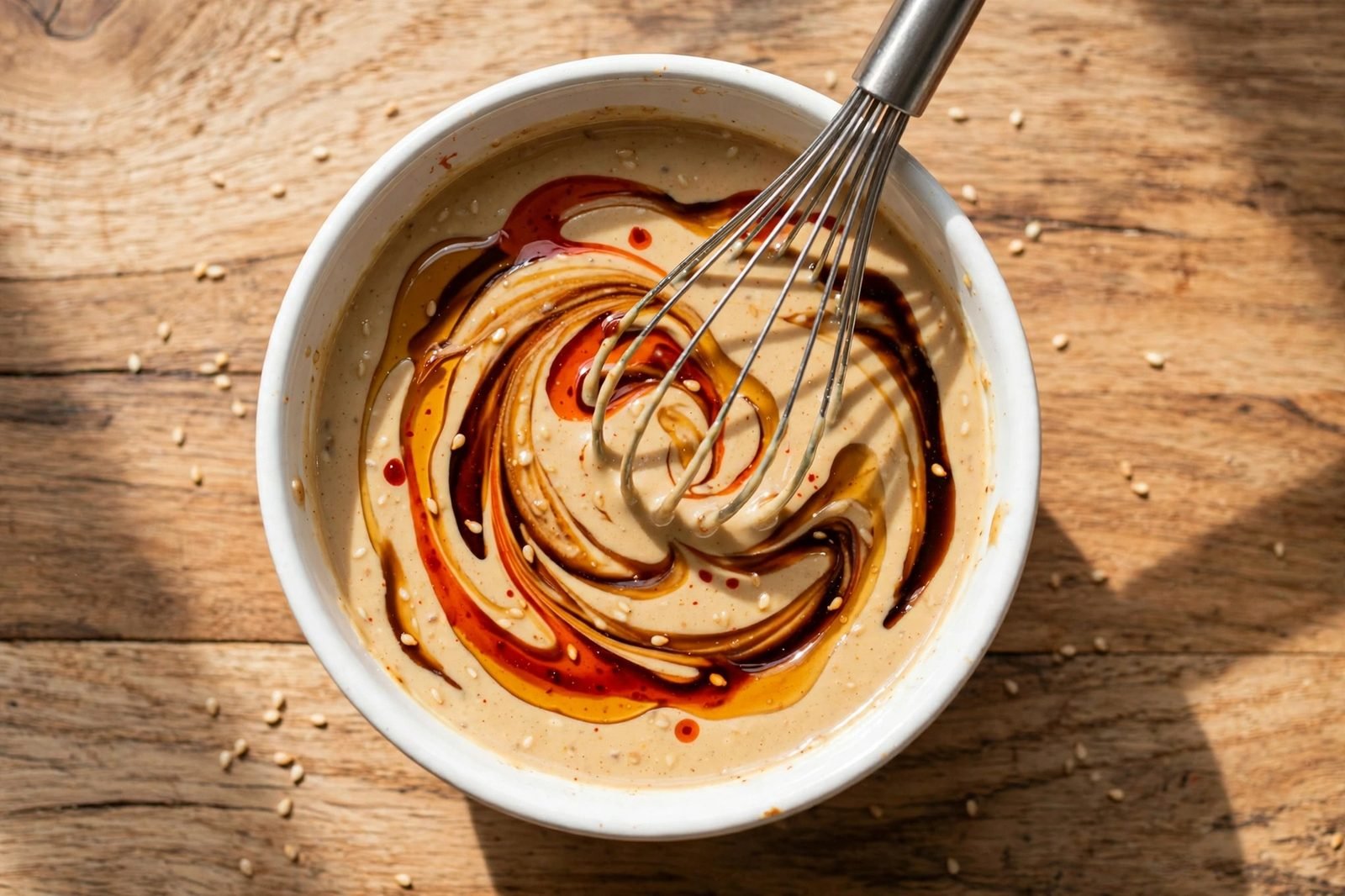 Tahini-chili sauce being whisked smooth in a small bowl.