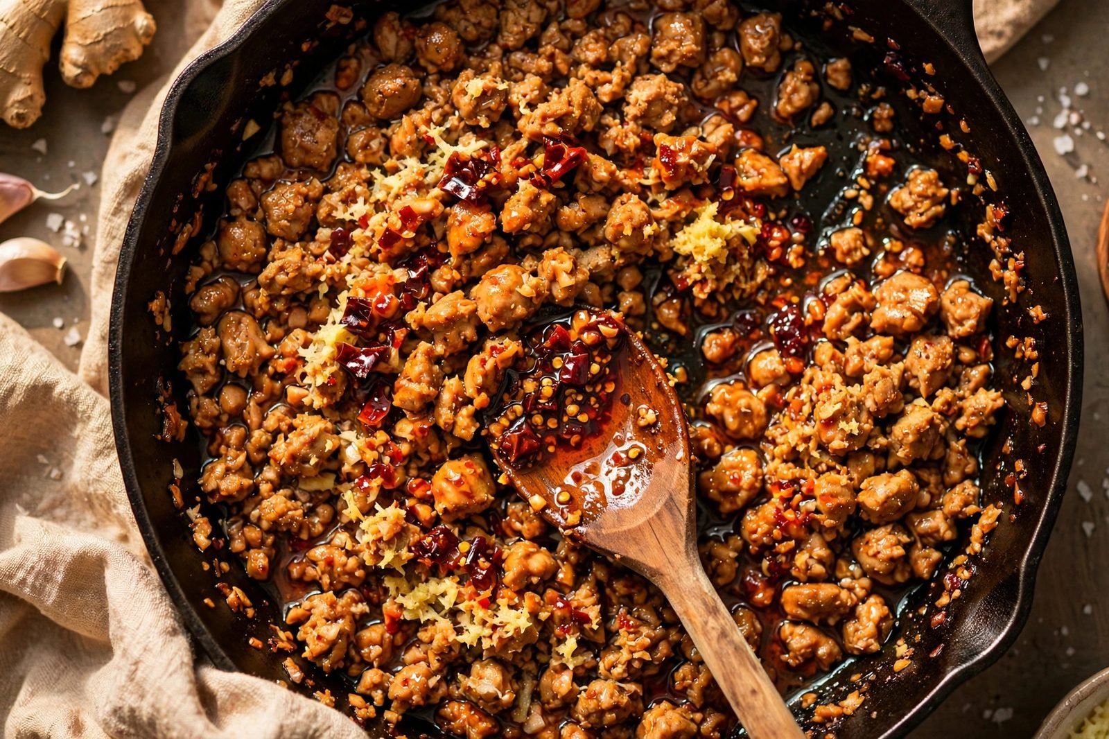 Soy sauce, chili crisp, garlic, and ginger being stirred into browned turkey.