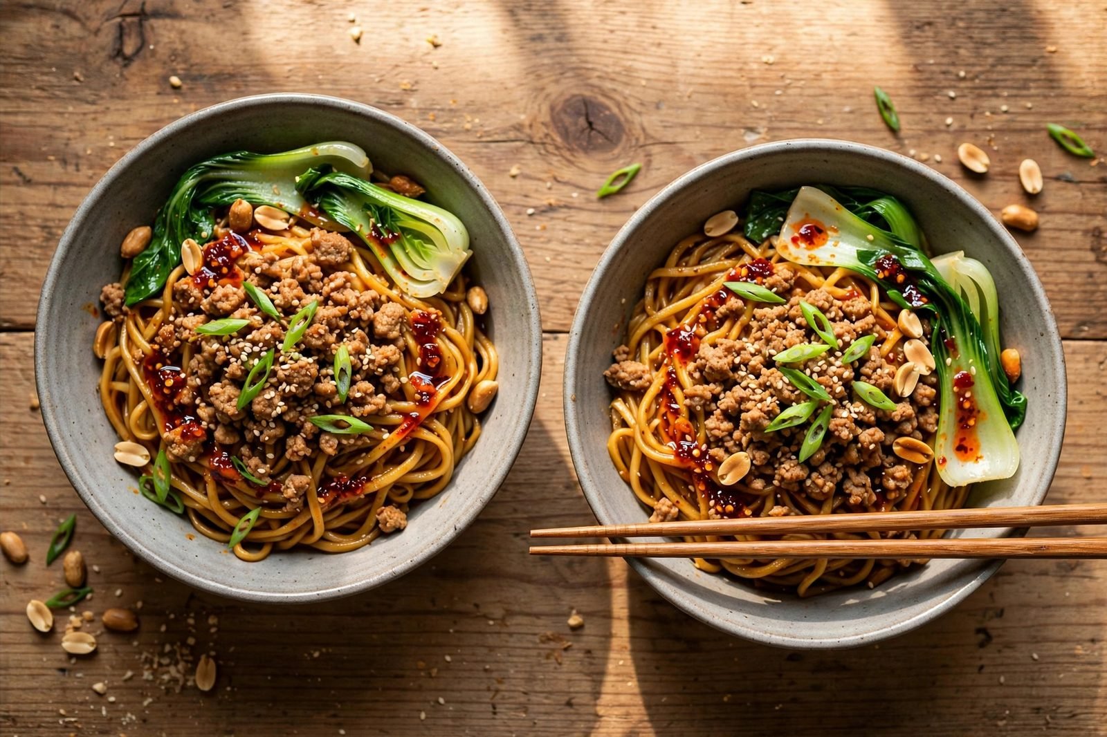 Served bowls of dan dan noodles topped with bok choy, peanuts, and chili crisp.