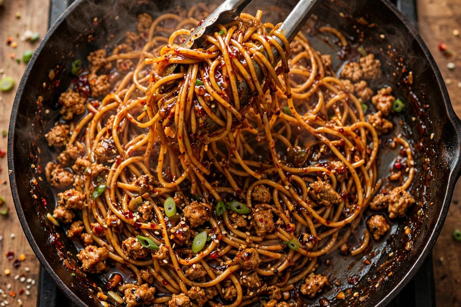 Noodles being tossed with turkey and tahini-chili sauce in the skillet.