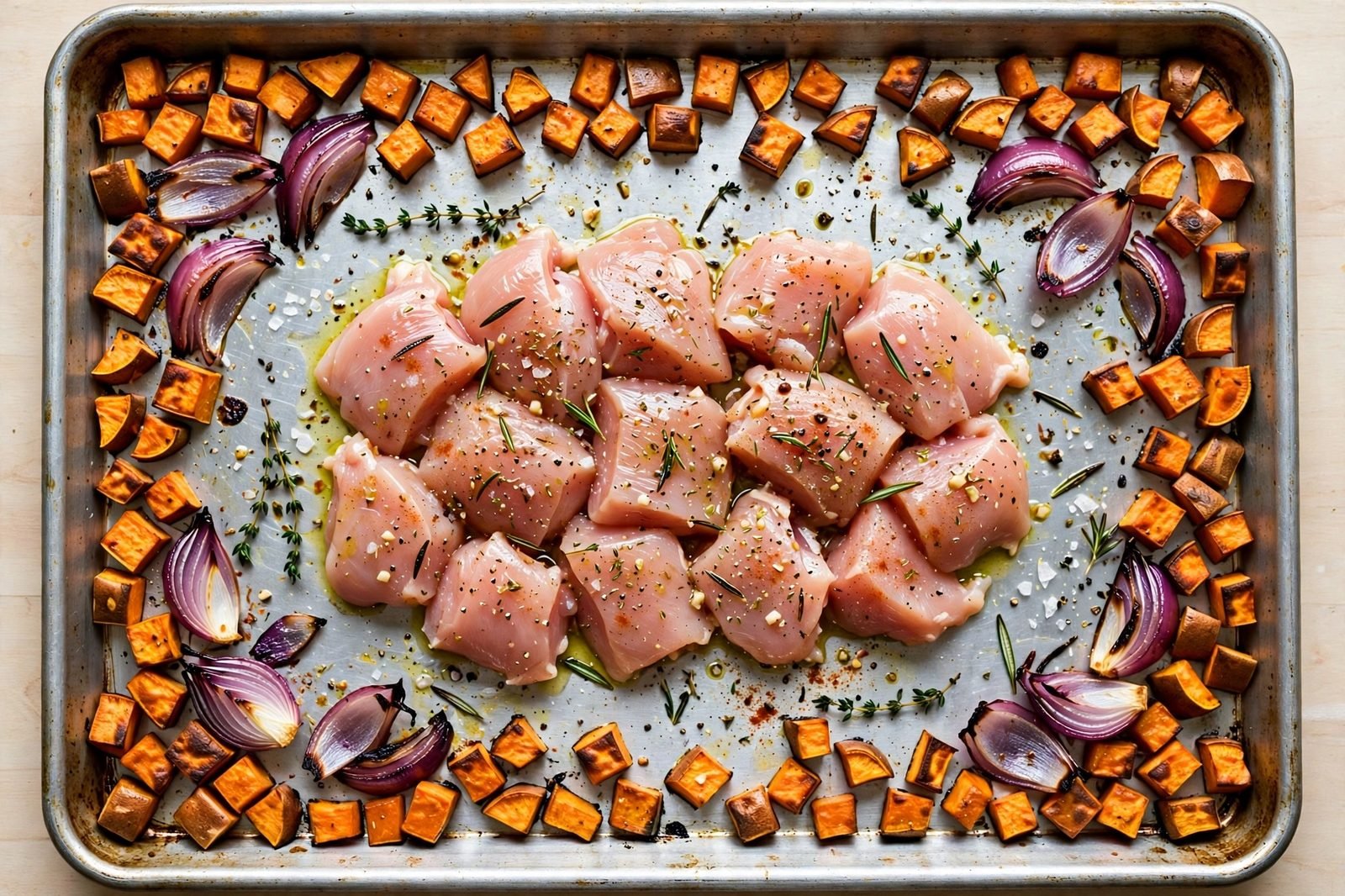 Chicken pieces arranged on the sheet pan among the roasting vegetables mid-roast.