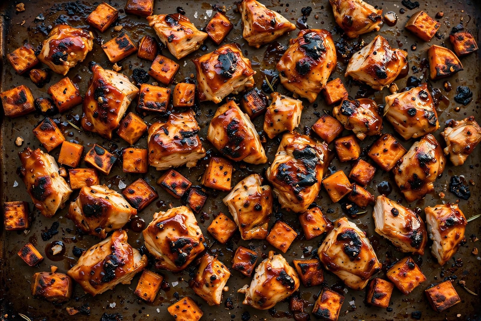 Close-up of broiled BBQ chicken with caramelized charred glaze spots.