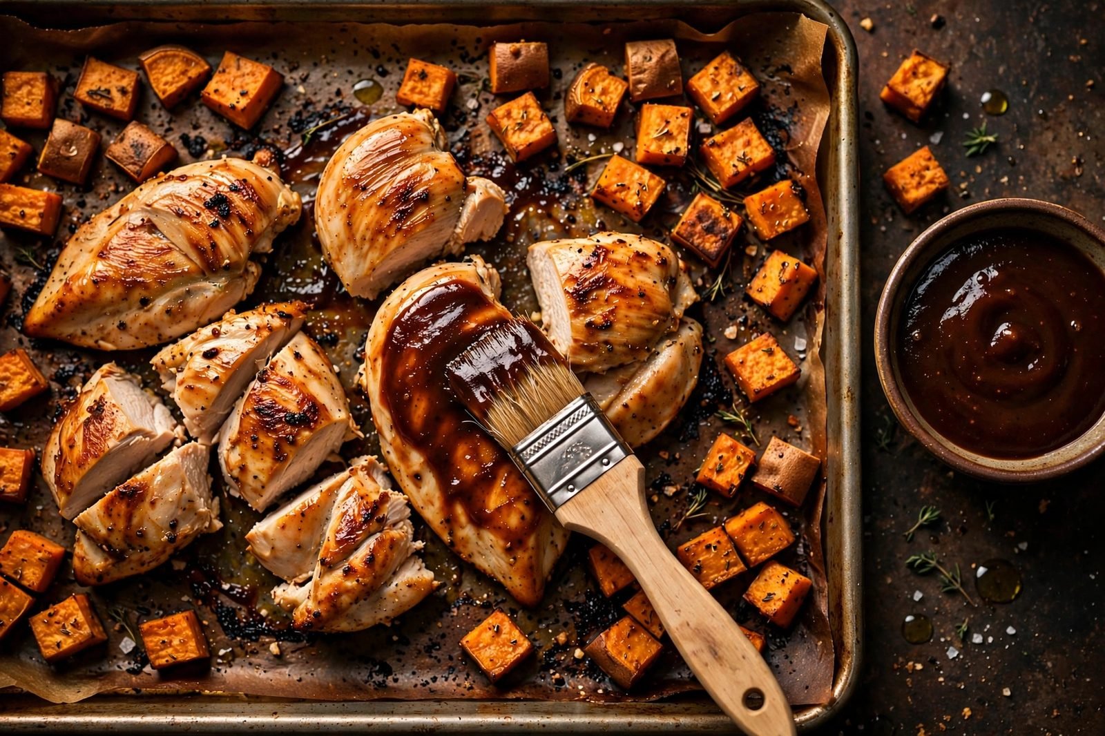 BBQ sauce being brushed onto roasted chicken pieces.