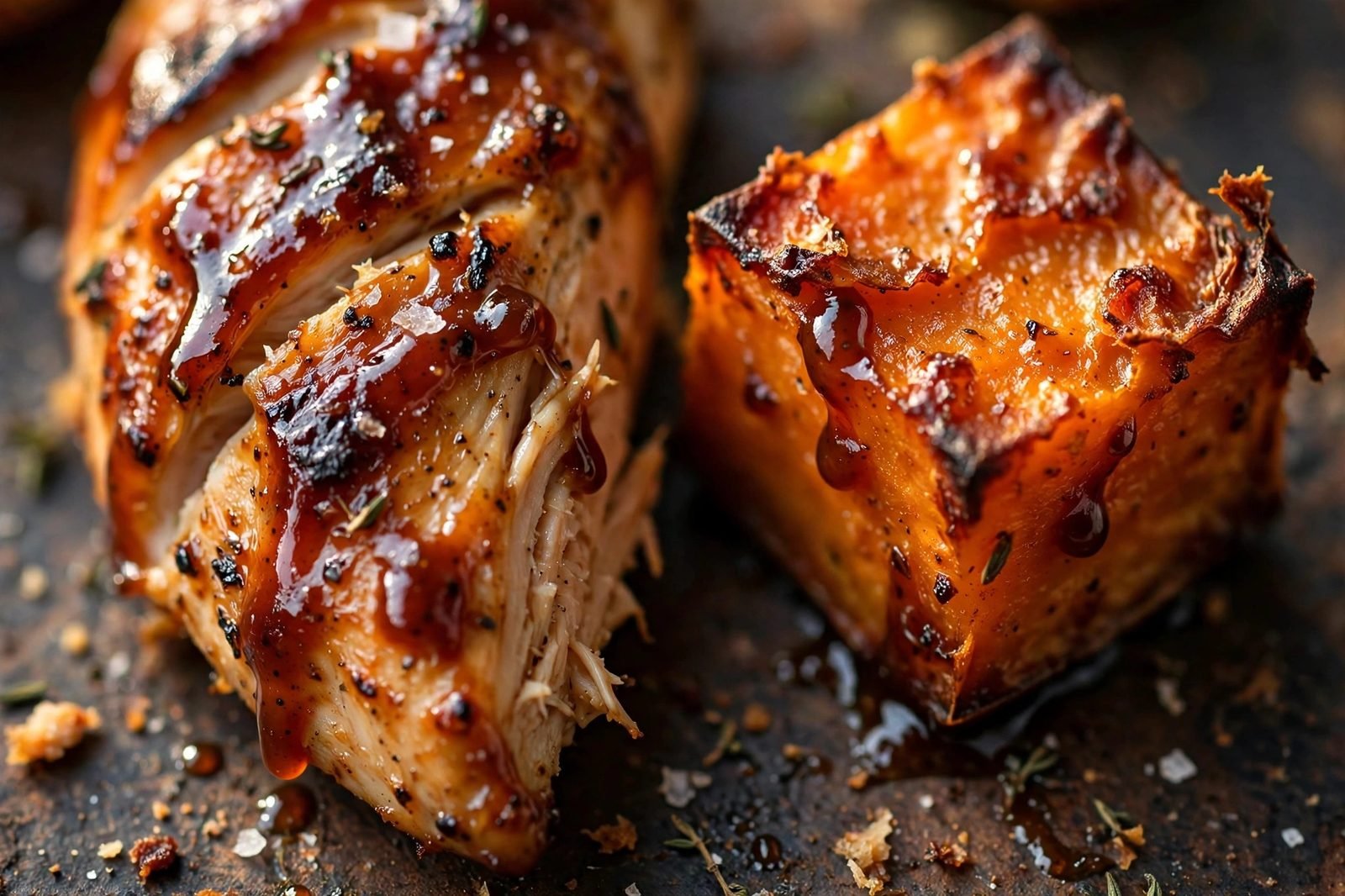 Close-up of glazed BBQ chicken next to caramelized sweet potato cubes.