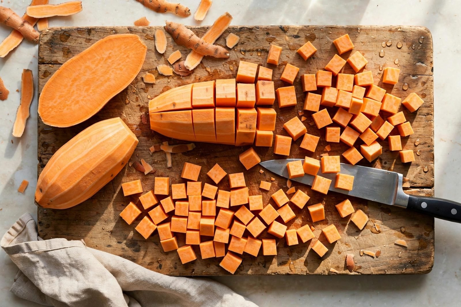 Sweet potatoes being cut into 1/2-inch cubes on a cutting board.