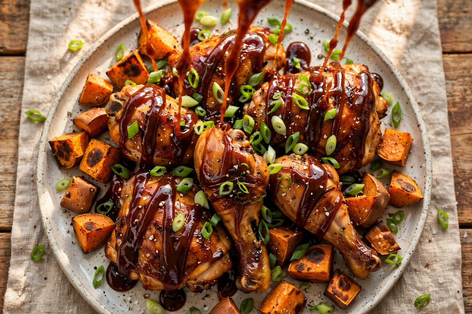 Extra BBQ sauce being drizzled over the finished sheet pan with green onion garnish.