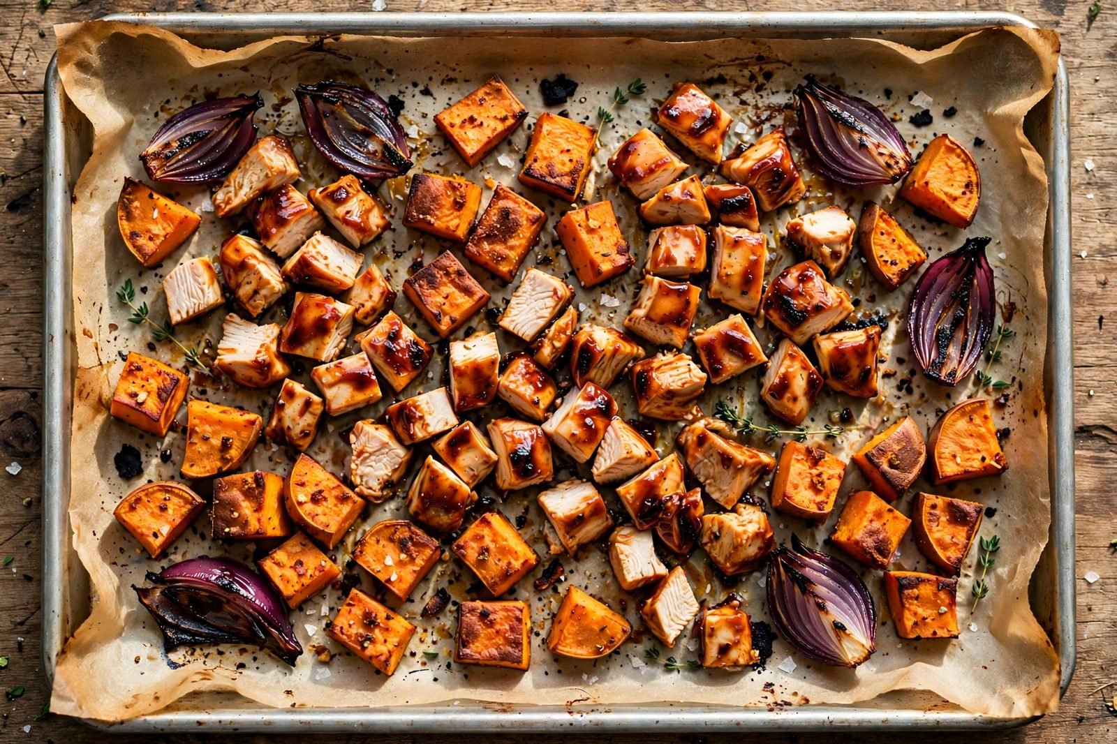 Overhead of a finished sheet pan of glazed BBQ chicken pieces, caramelized sweet potato cubes, and charred red onion.