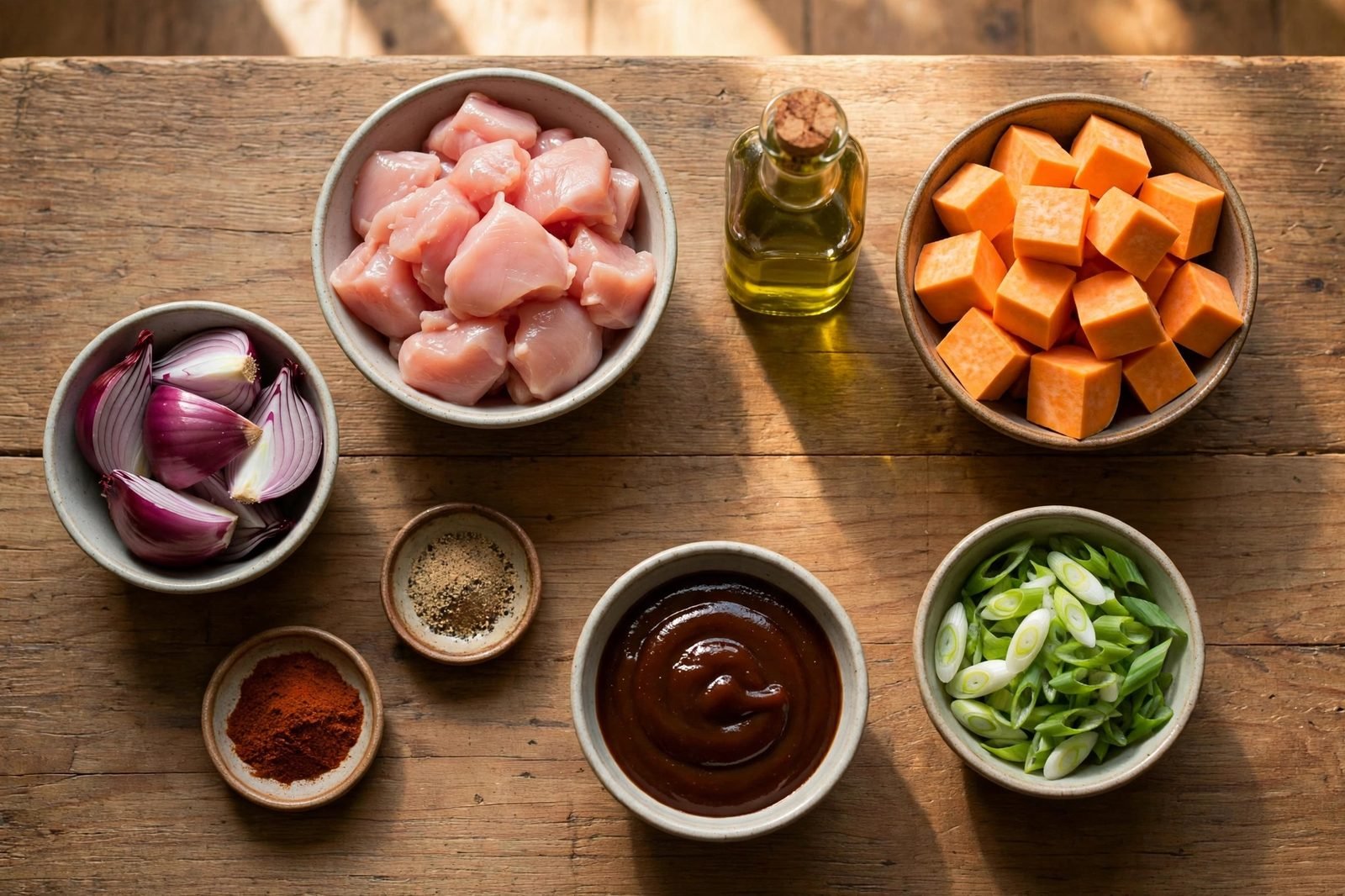 Ingredients for sheet pan BBQ chicken: chicken pieces, sweet potatoes, red onion, spices, and BBQ sauce.