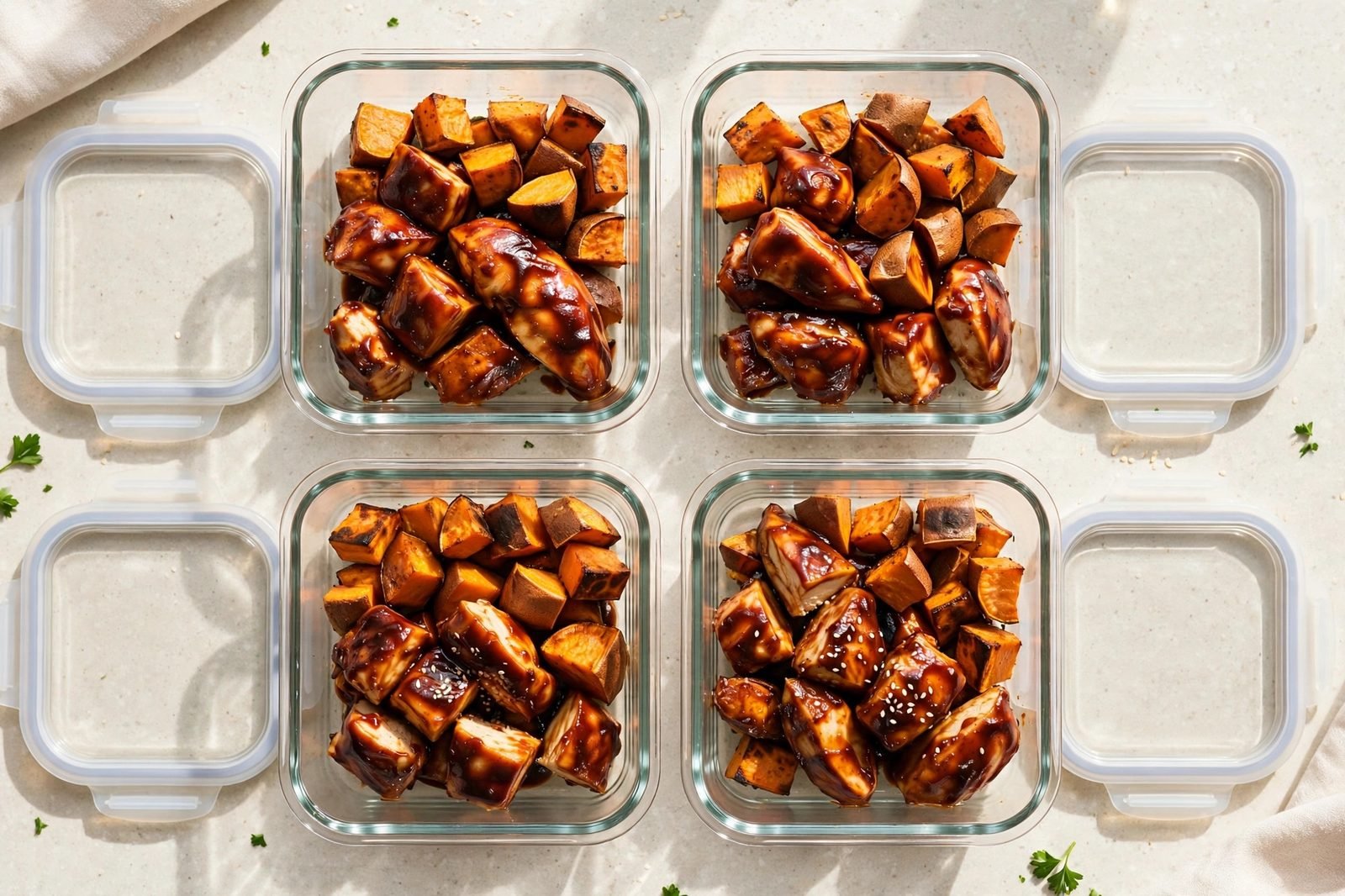 Meal-prep containers portioned with BBQ chicken and sweet potatoes.