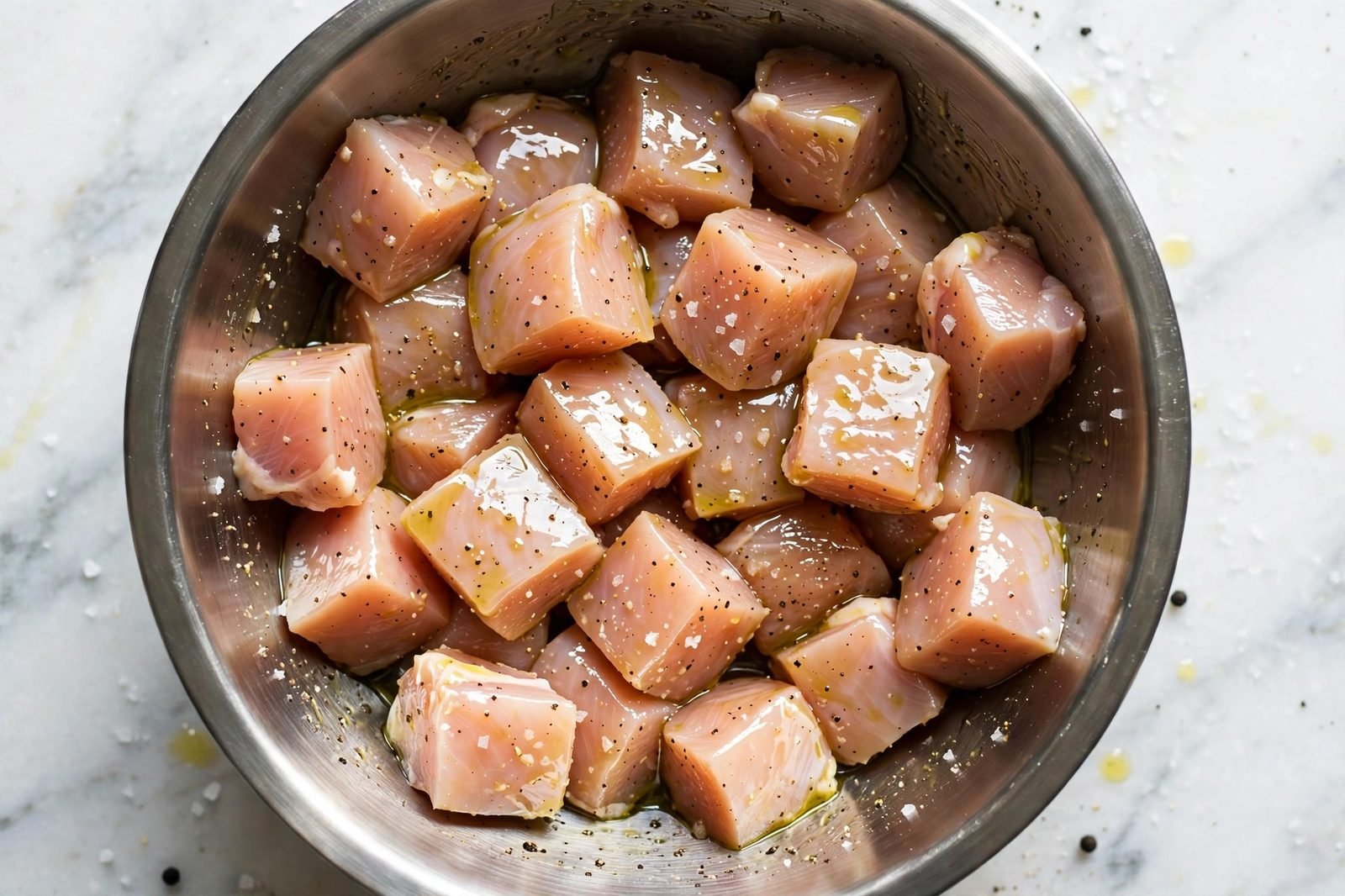 Chicken pieces being tossed with olive oil, salt, and pepper.