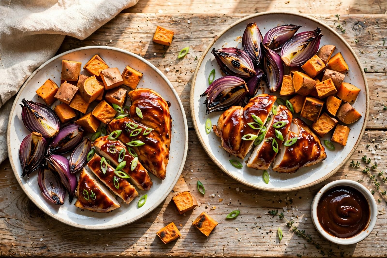 Served plates of BBQ chicken and sweet potatoes with green onions.