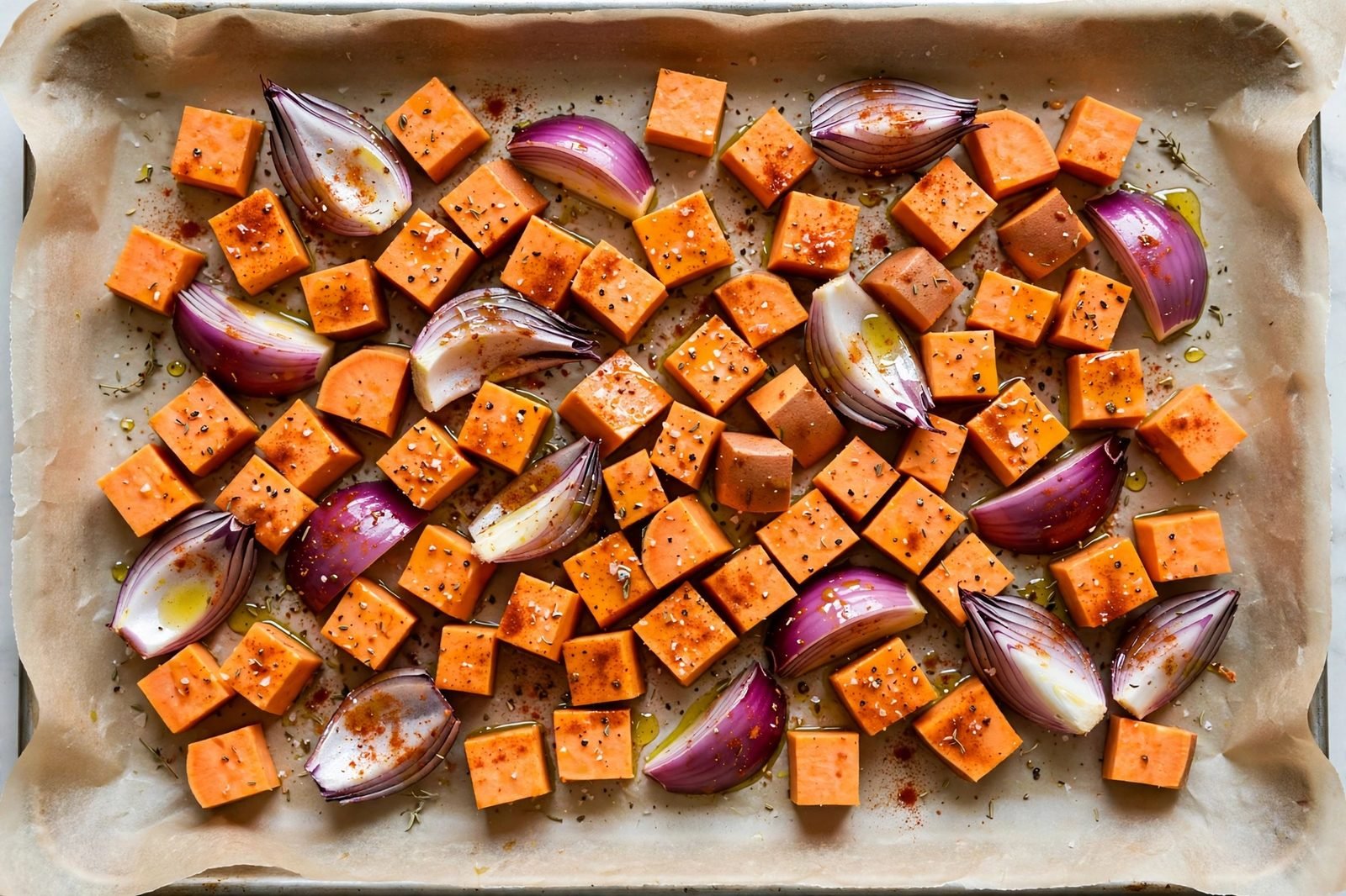 Seasoned sweet potato cubes and red onion wedges spread on a parchment-lined sheet pan.
