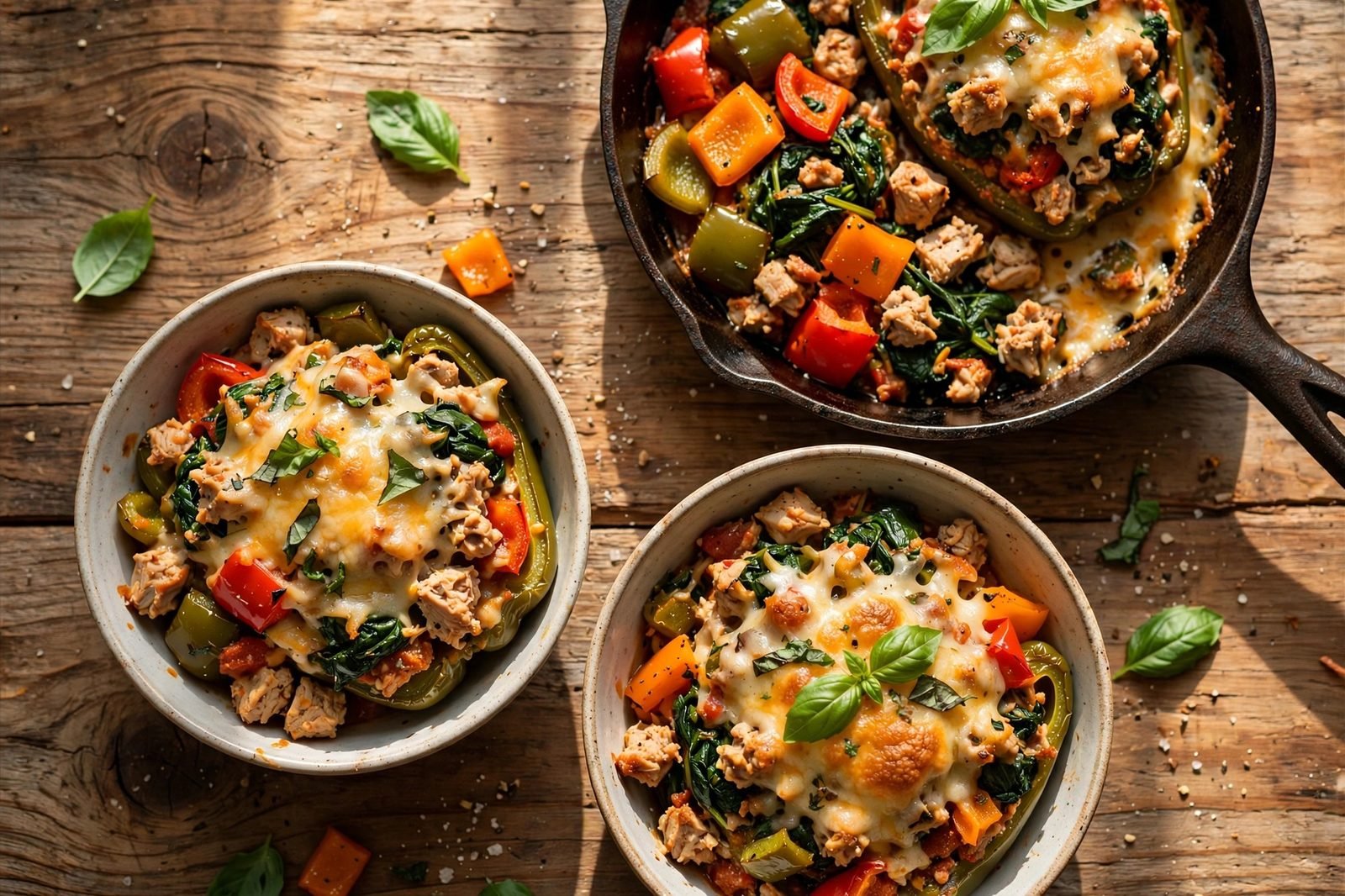 Two served bowls of the stuffed peppers skillet with fresh basil.