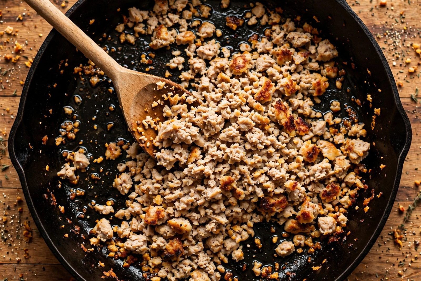 Ground turkey crumbles browning in a large skillet.