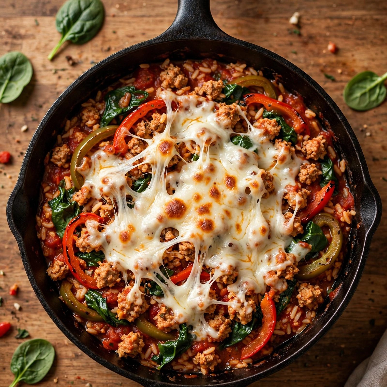 Shredded mozzarella melting over the top of the skillet.