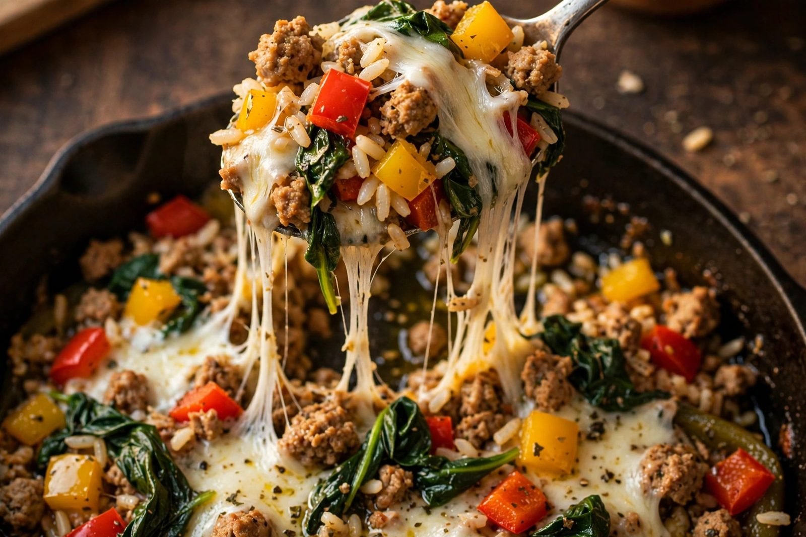 Close-up spoonful of the skillet showing turkey, peppers, rice, and a cheese pull.