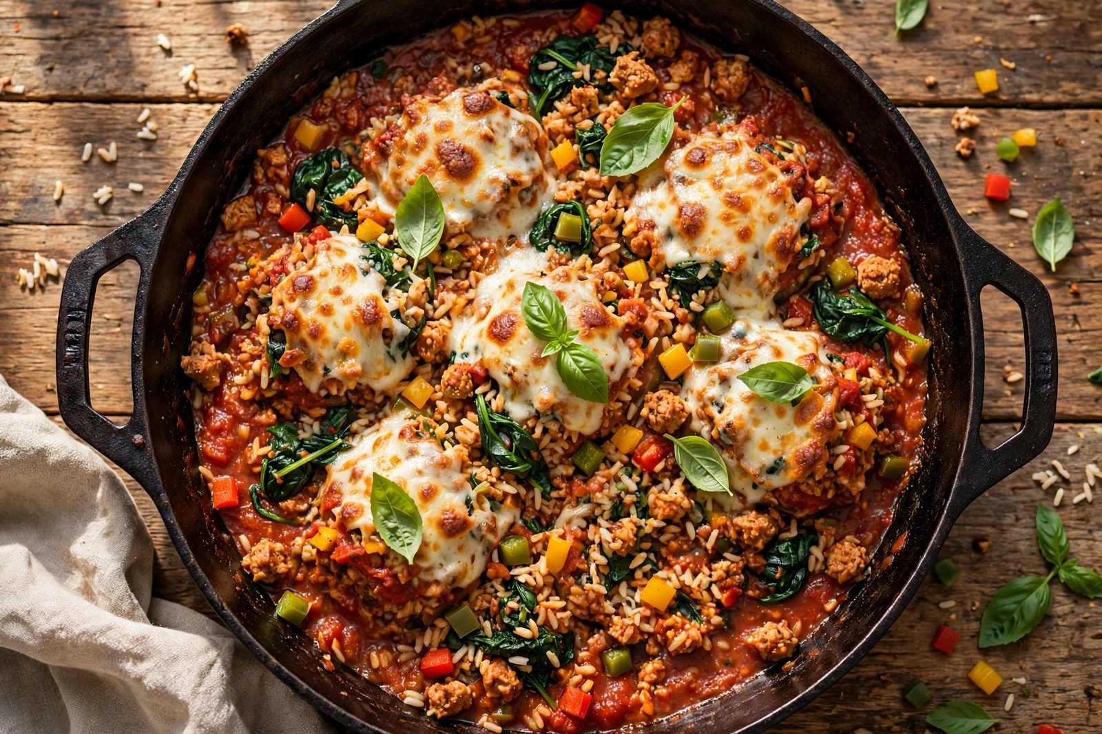 Overhead of a finished skillet of deconstructed stuffed peppers with melted mozzarella, colorful peppers, and spinach.