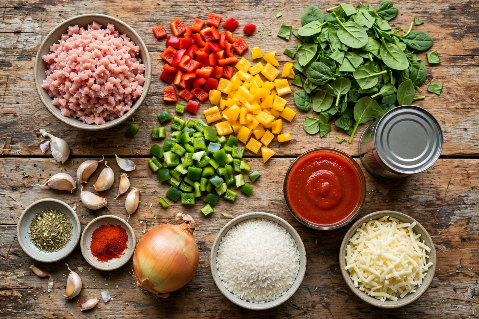 Ingredients for stuffed peppers skillet: ground turkey, chopped tri-color peppers, spinach, rice, tomatoes, and mozzarella.