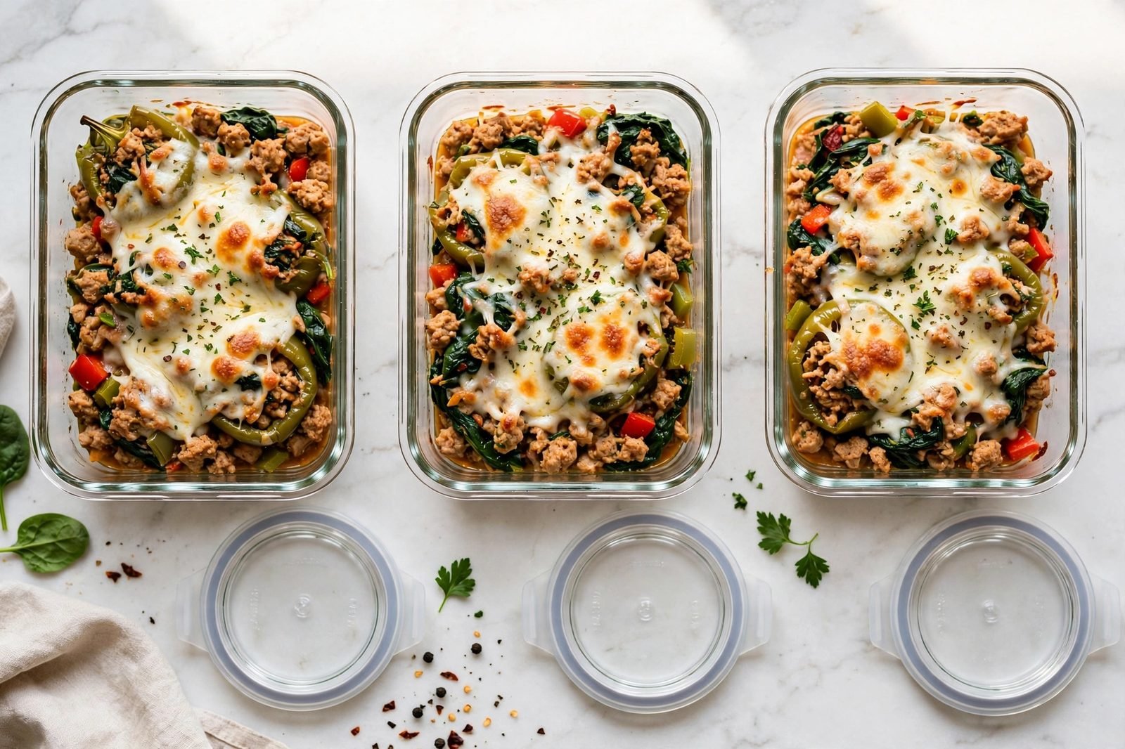 Portioned meal-prep containers filled with the stuffed peppers skillet dinner.