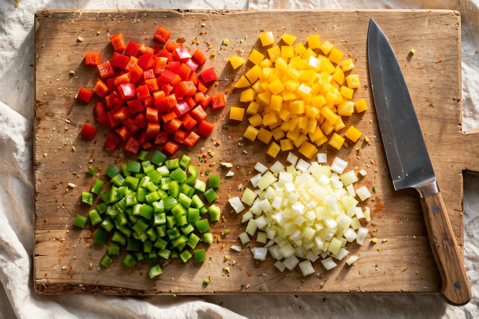 Diced red, yellow, and green peppers with onion on a cutting board.