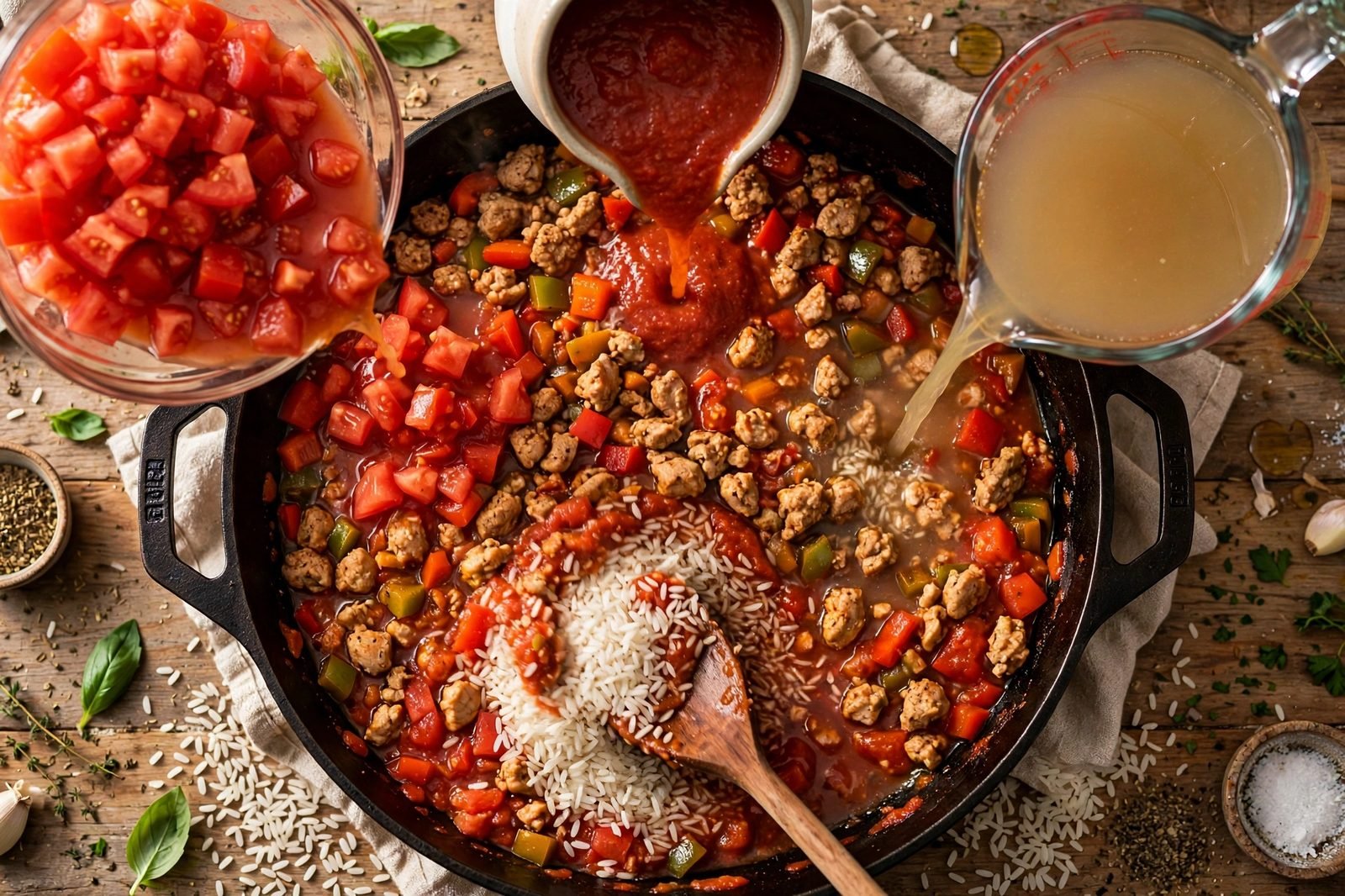 Tomato sauce, diced tomatoes, broth, and rice stirred into the skillet.