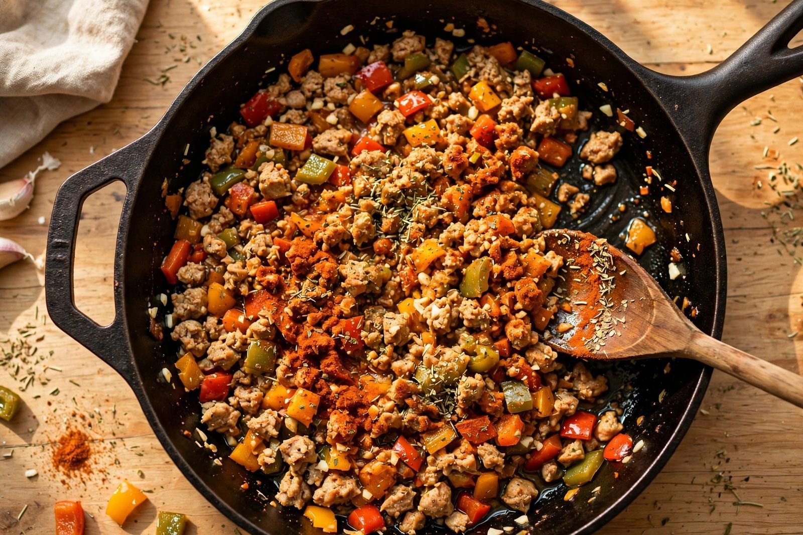 Garlic and Italian seasoning being added to softened peppers in the skillet.