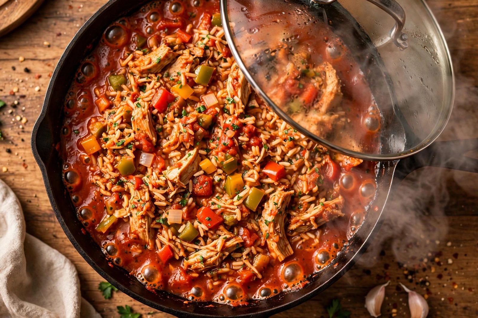 Skillet with lid ajar, stuffed-pepper filling simmering with steam rising.