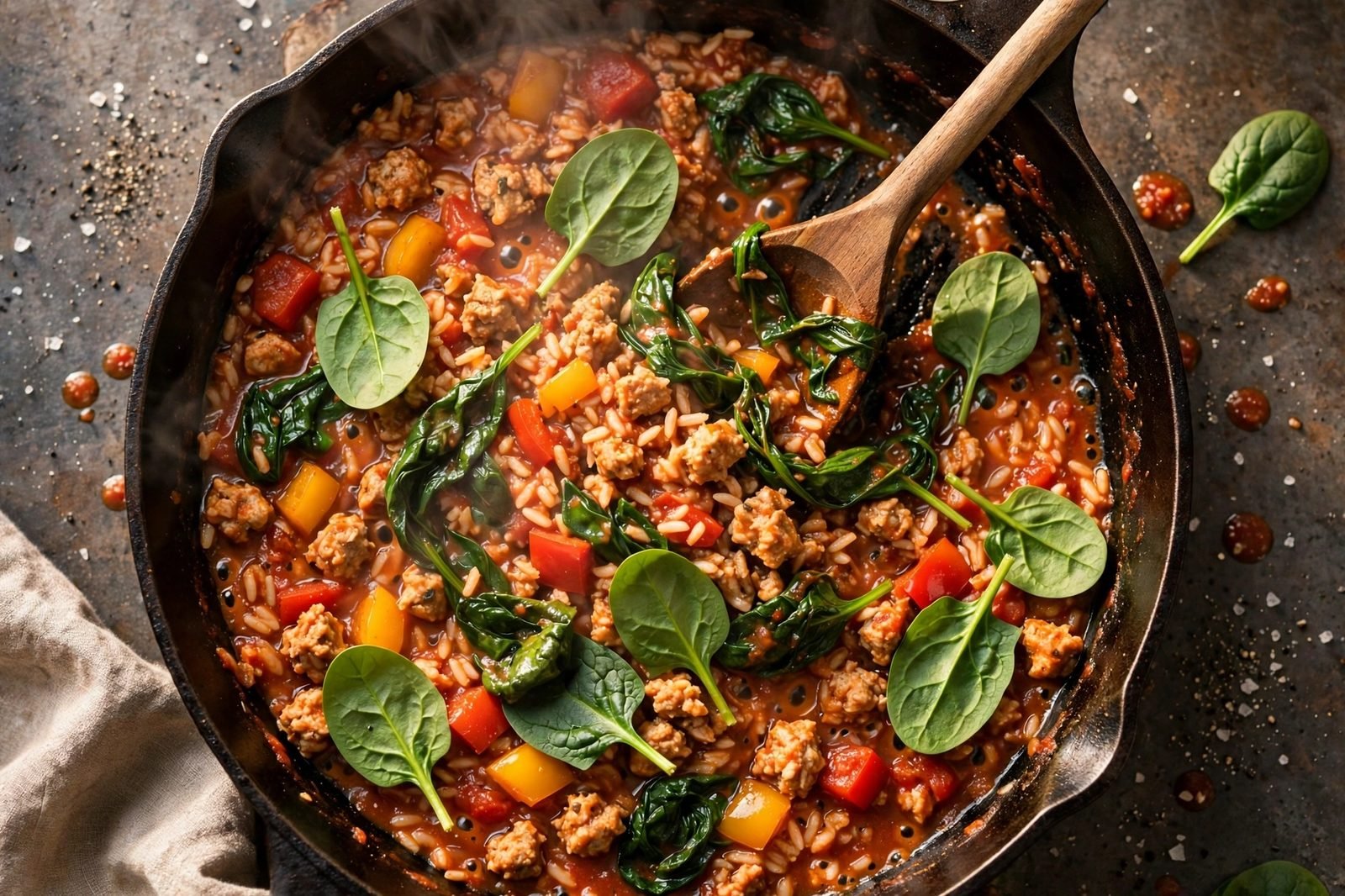 Handfuls of baby spinach wilting into the hot skillet.