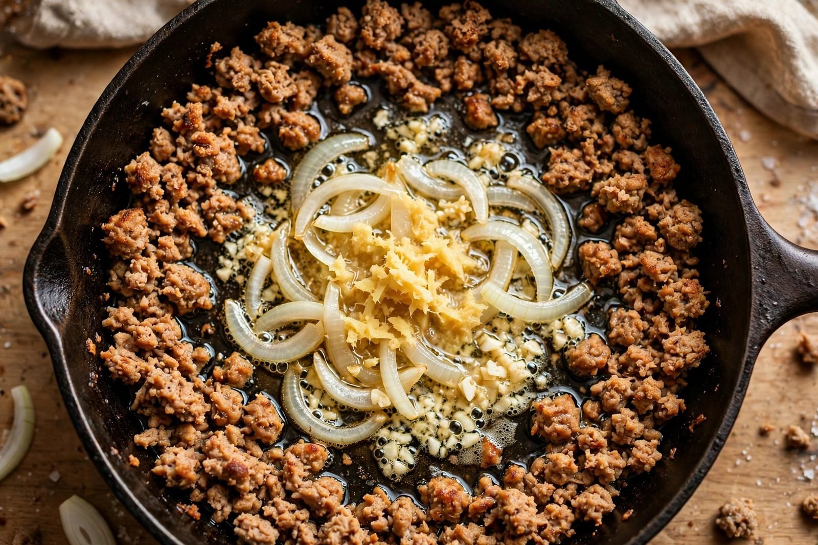 Sliced onion, grated ginger, and minced garlic softening in the skillet with browned turkey pushed to the edges.