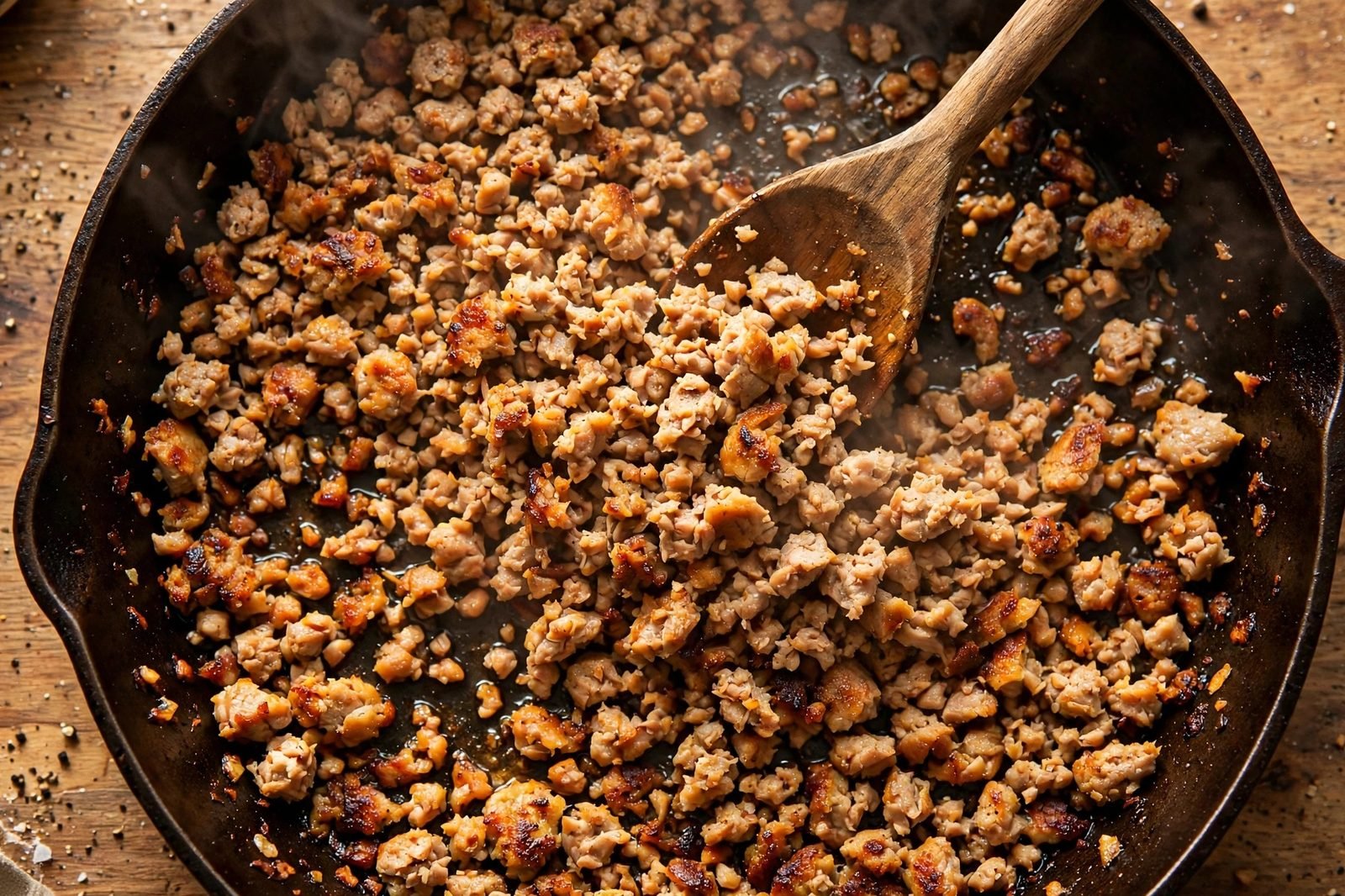 Ground turkey crumbles browning in a hot skillet, being broken apart with a wooden spoon.