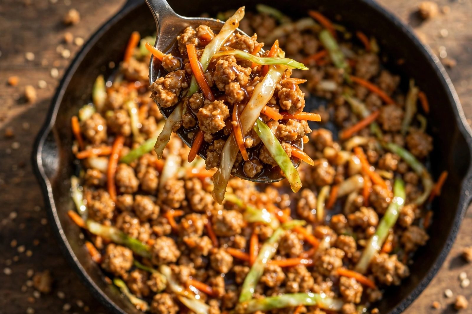 Close-up spoonful of egg roll bowl mixture showing turkey crumbles, cabbage strands, and carrots.