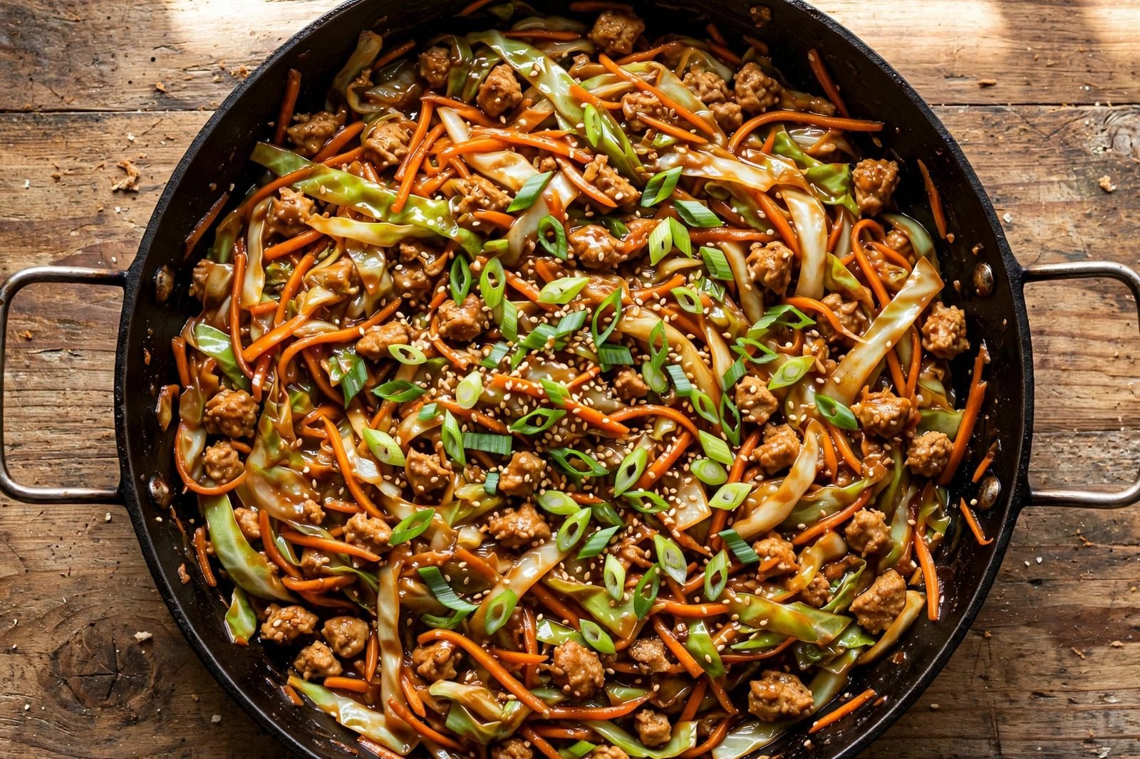 Overhead of a finished skillet of egg roll bowl mixture — glossy cabbage, browned turkey, green onions, and sesame.